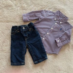 Ralph Lauren Plaid Button Down Shirt and Dark Denim Jeans- 3 months- boys.